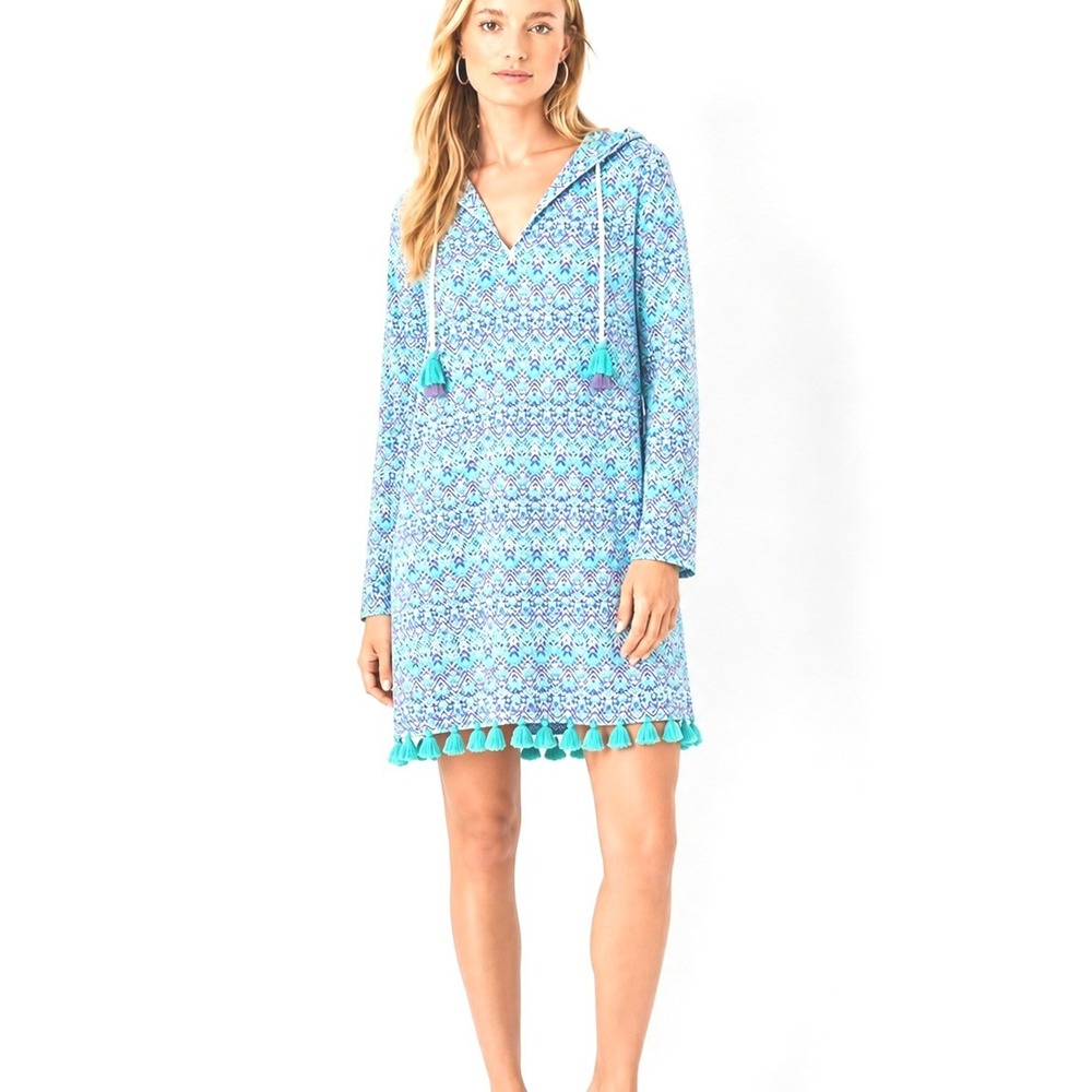 Cabana Life Cover Up Blue Purple Ikat Hooded Tassel Size Medium